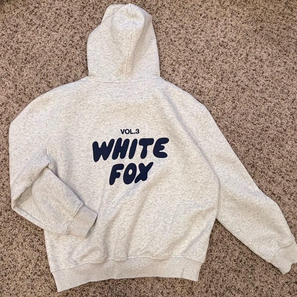 White Fox Hoodie in Light Gray Heather with Navy Puff Print